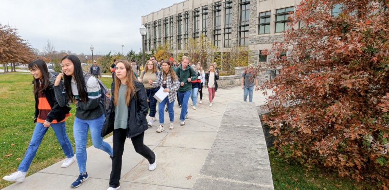 students on an outdoor campus tour
